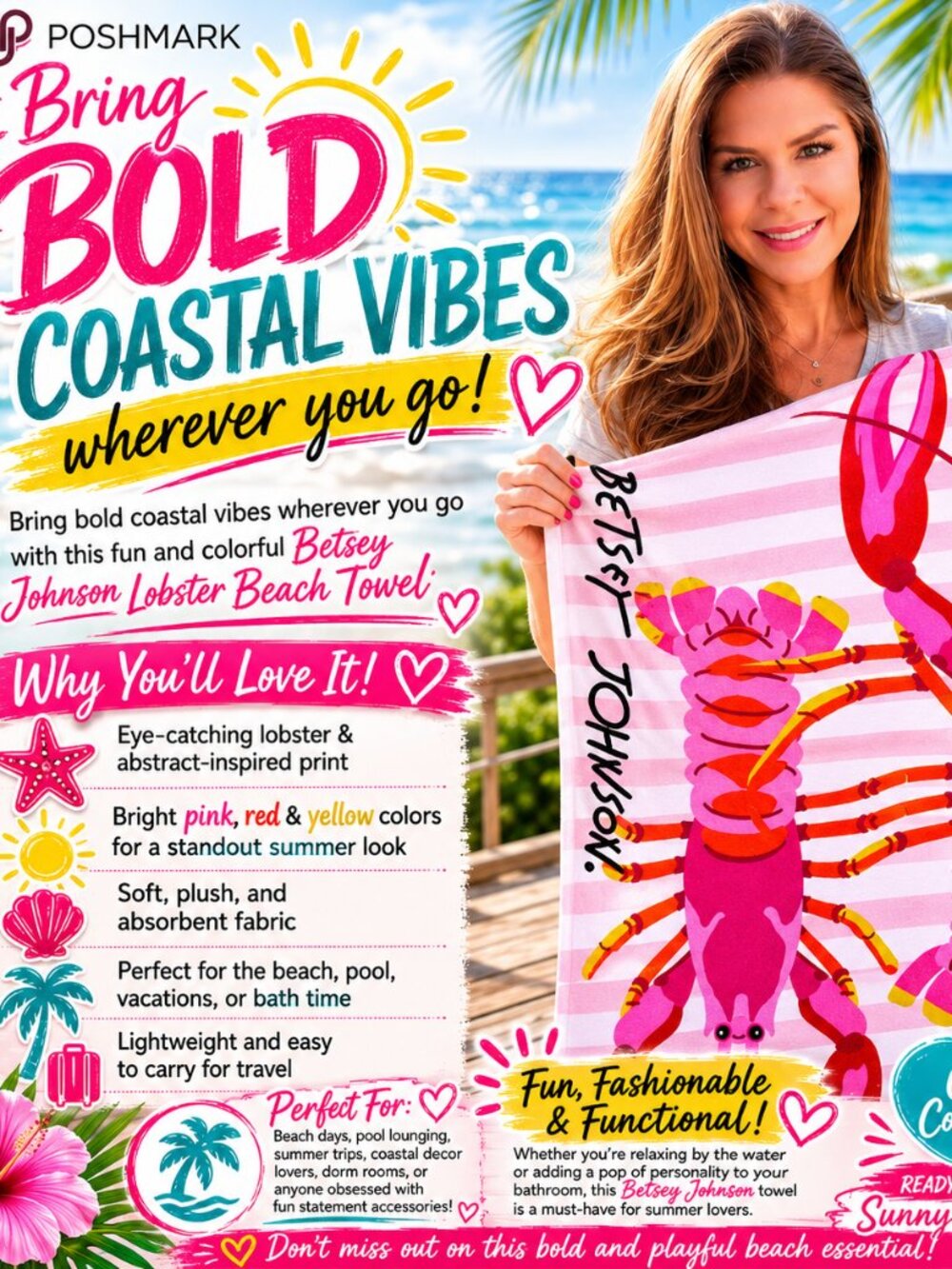 🦞🌴 Betsey Johnson Lobster Beach Towel – Bright, Playful & Summer Ready! 🌴🦞